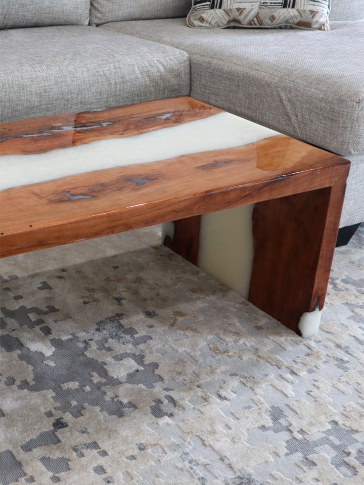 Solid Cherry Wood Epoxy Coffee Table, White Epoxy Waterfall Coffee Table Earthly Comfort  -6