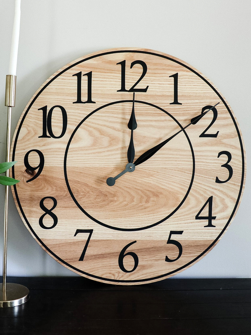 Solid Ash Wood Wall Clock with Black Numbers and Lines Earthly Comfort Clocks 1024-3