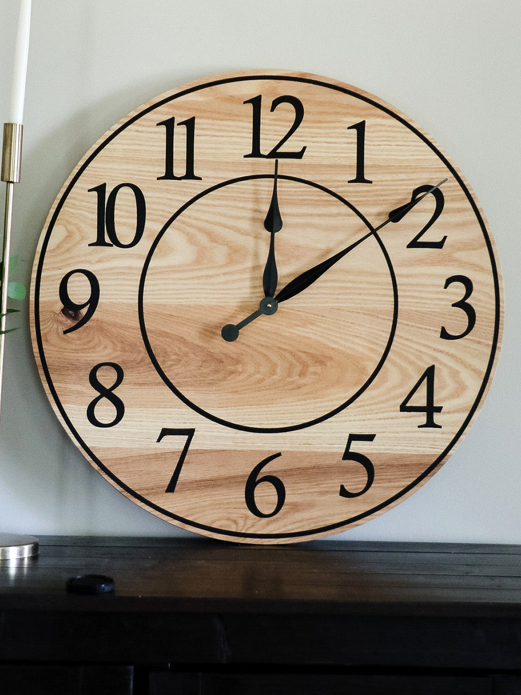 Solid Ash Wood Wall Clock with Black Numbers and Lines Earthly Comfort Clocks 1024-5