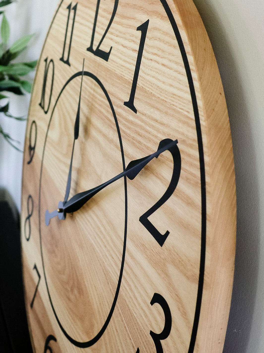 Solid Ash Wood Wall Clock with Black Numbers and Lines Earthly Comfort Clocks 1024-6