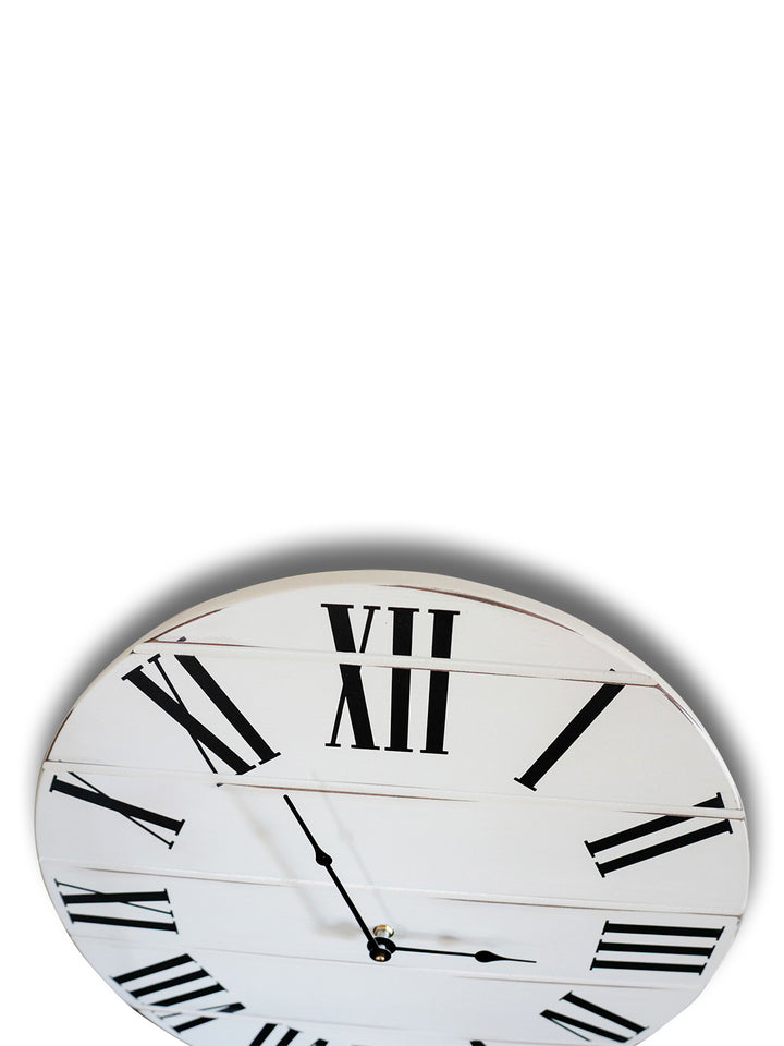 Simple White Lightly Distressed Large Wall Clock with Black Roman Numerals (in stock) Earthly Comfort Clocks 1126-1