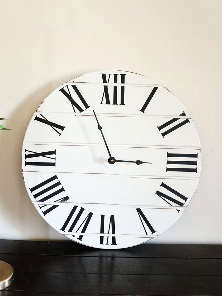 Simple White Lightly Distressed Large Wall Clock with Black Roman Numerals (in stock) Earthly Comfort Clocks 1126-2