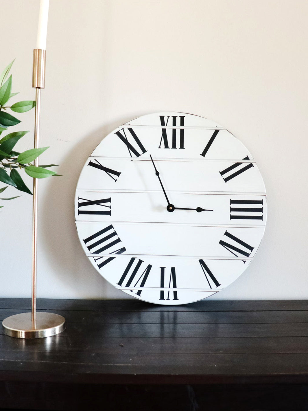 Simple White Lightly Distressed Large Wall Clock with Black Roman Numerals (in stock) Earthly Comfort Clocks 1126-4
