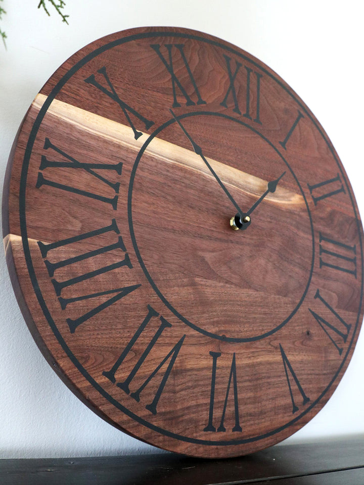 Solid Walnut Wall Clock - Black Lines and Roman Numerals Earthly Comfort Clocks 1384-3