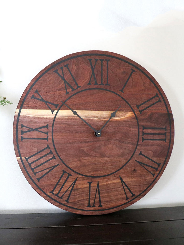 Solid Walnut Wall Clock - Black Lines and Roman Numerals Earthly Comfort Clocks 1384-5