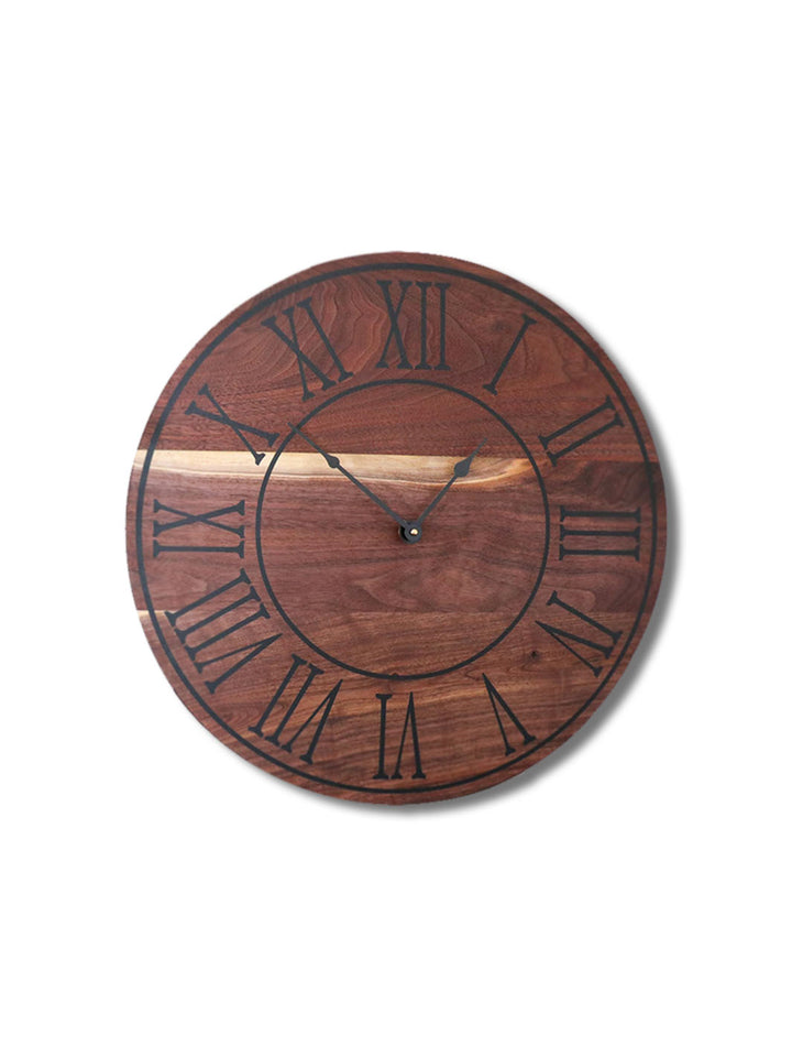 Solid Walnut Wall Clock - Black Lines and Roman Numerals Earthly Comfort Clocks 1384