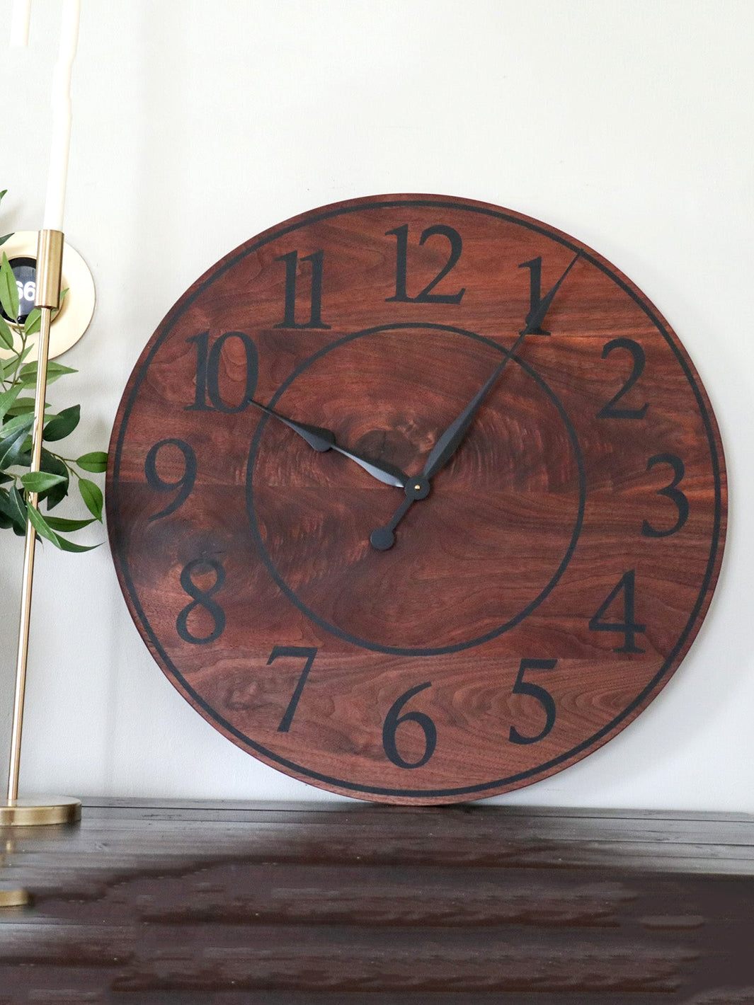 Solid Walnut Wood Wall Clock with Black Numbers Earthly Comfort Clock 1389-2