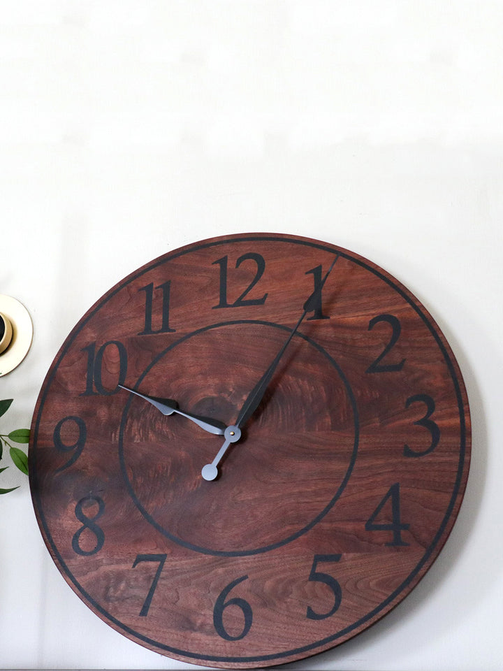 Solid Walnut Wood Wall Clock with Black Numbers Earthly Comfort Clock 1389-3