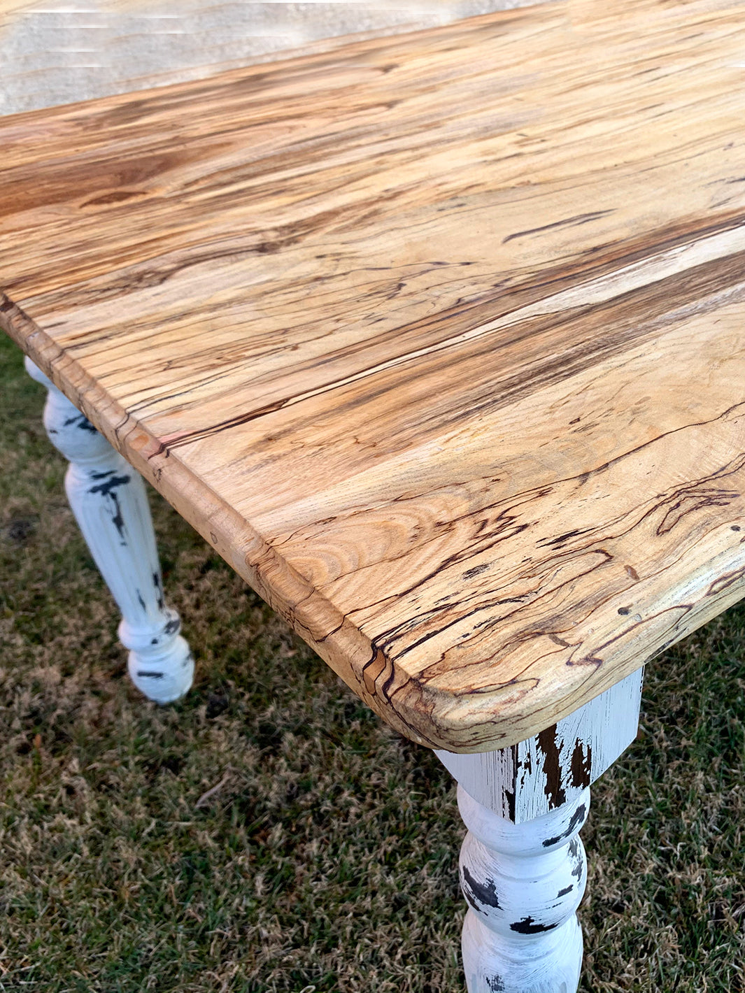 Spalted Maple Farmhouse Dining Table with White-Distressed Paint