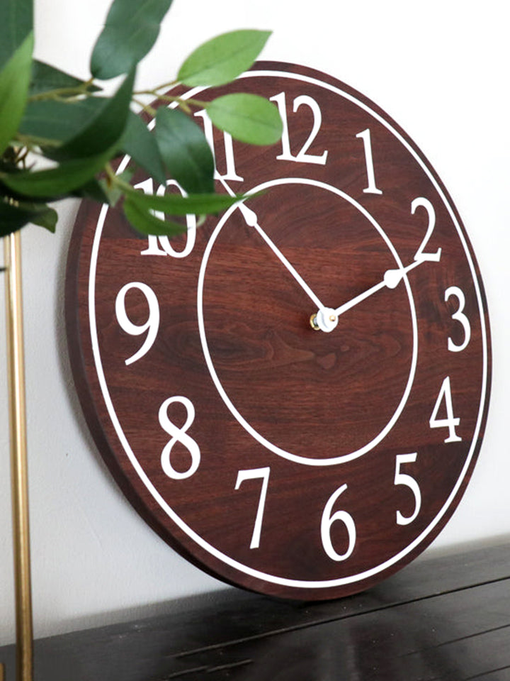 Solid Wood Walnut Wall Clock with White Numbers Earthly Comfort Clocks 1401-10