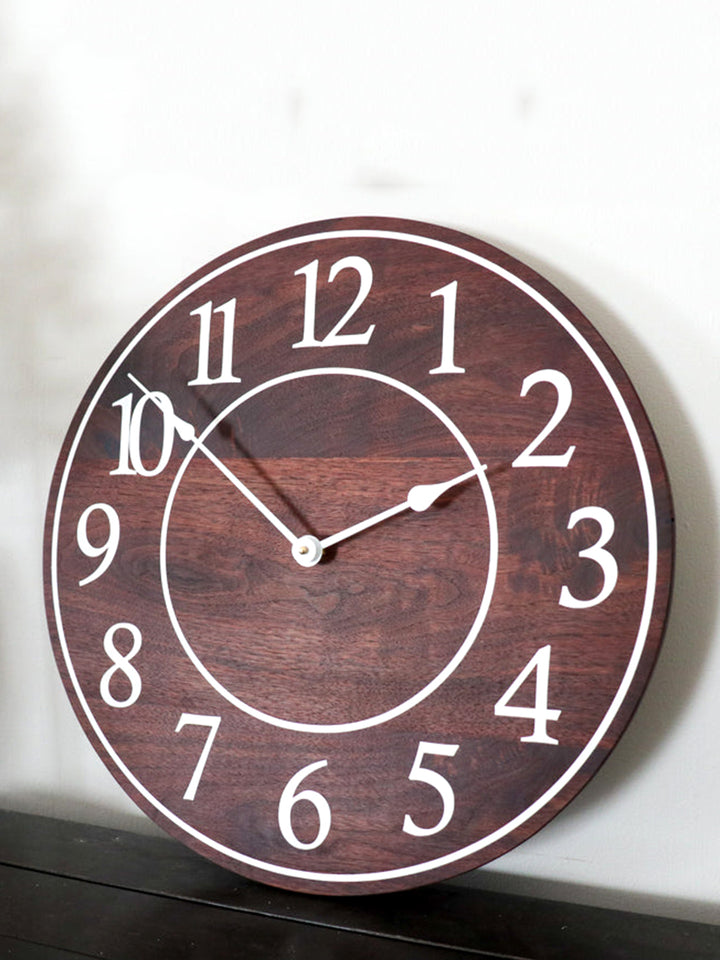Solid Wood Walnut Wall Clock with White Numbers Earthly Comfort Clocks 1401-3