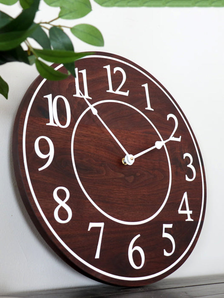 Solid Wood Walnut Wall Clock with White Numbers Earthly Comfort Clocks 1401-4