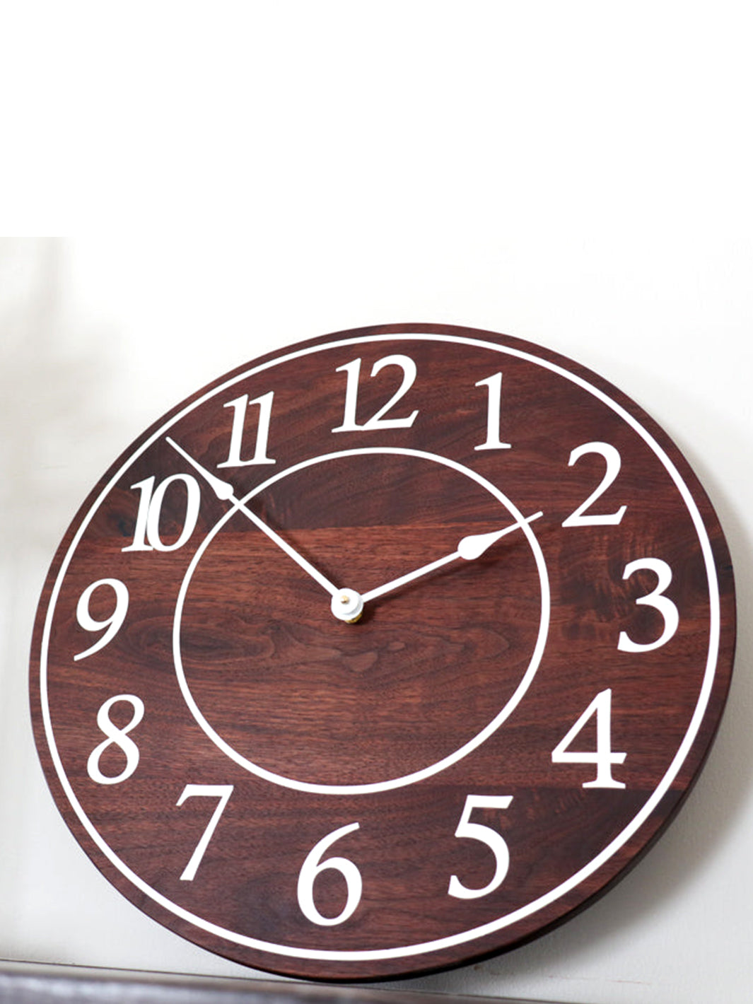 Solid Wood Walnut Wall Clock with White Numbers Earthly Comfort Clocks 1401-7