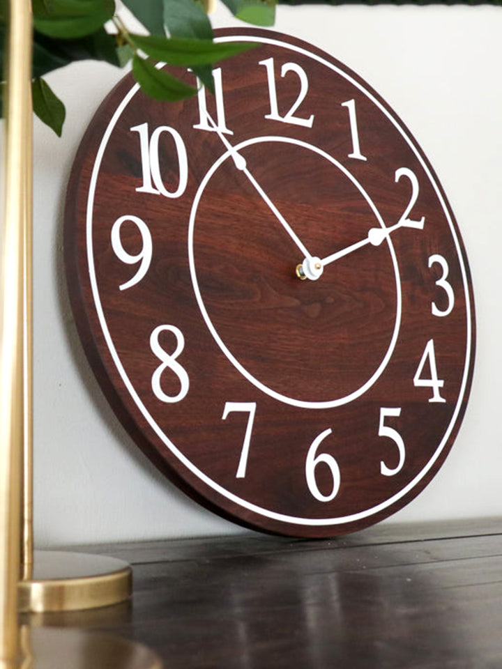 Solid Wood Walnut Wall Clock with White Numbers Earthly Comfort Clocks 1401-8