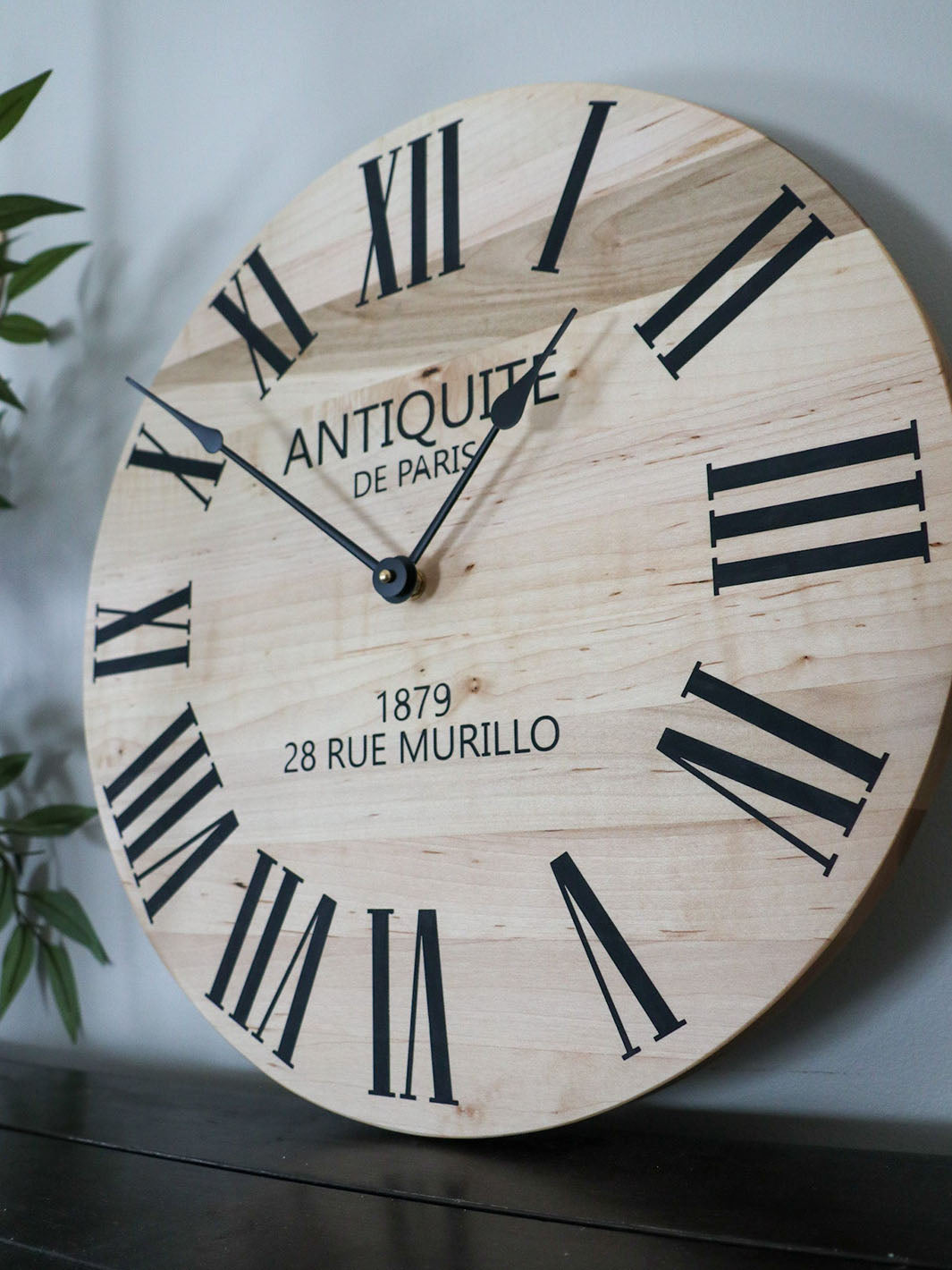 Large French Style Maple Wall Clock with Black Roman Numerals