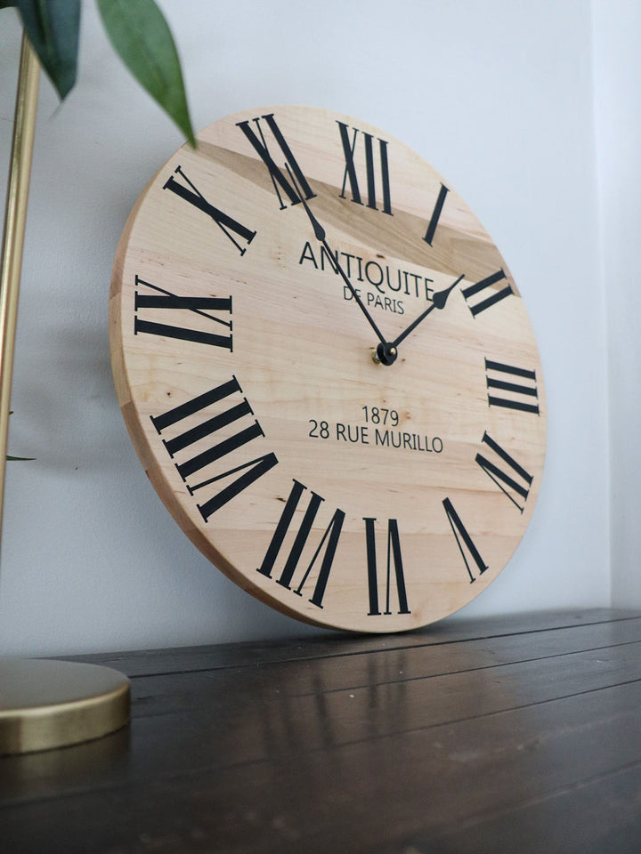 Large French Style Maple Wall Clock with Black Roman Numerals Earthly Comfort Clocks 1419-5