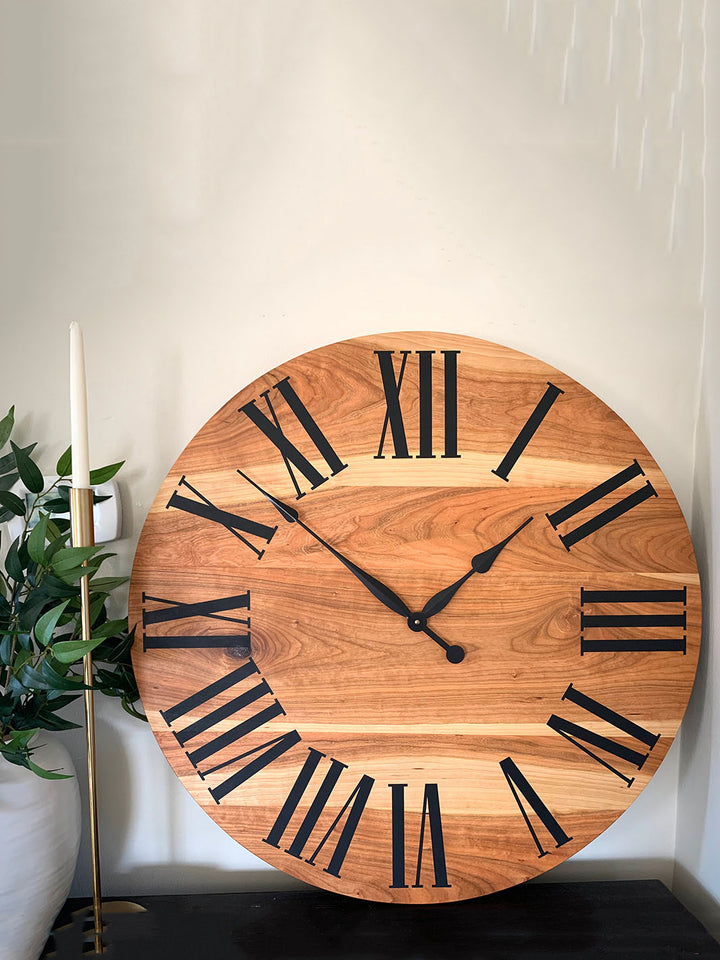 Large Sappy Cherry Hardwood Wall Clock with Black Roman Numerals Earthly Comfort Clocks 1524-2