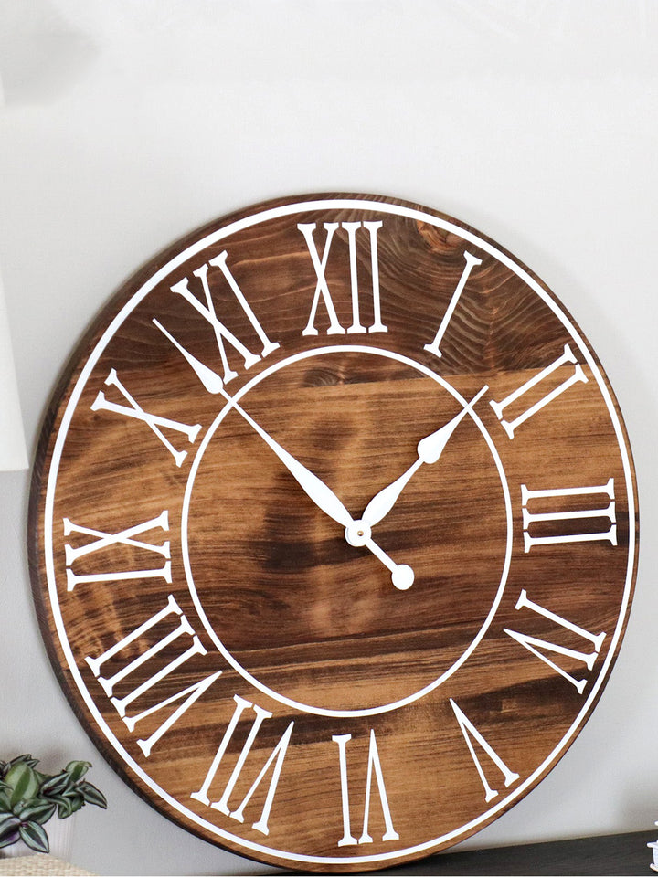 Light Stained Large Farmhouse Wall Clock with White Roman Numerals & Lines Earthly Comfort Clocks 1534-4