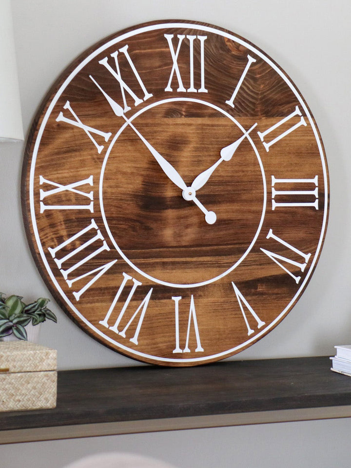 Light Stained Large Farmhouse Wall Clock with White Roman Numerals & Lines