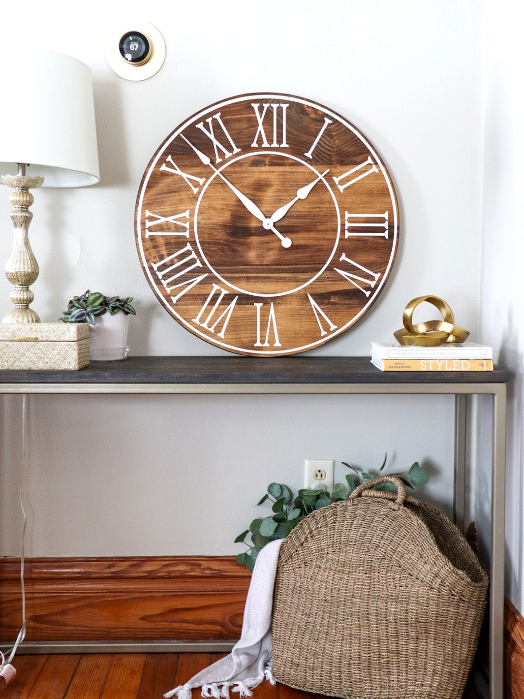 Light Stained Large Farmhouse Wall Clock with White Roman Numerals & Lines Earthly Comfort Clocks 1534-7