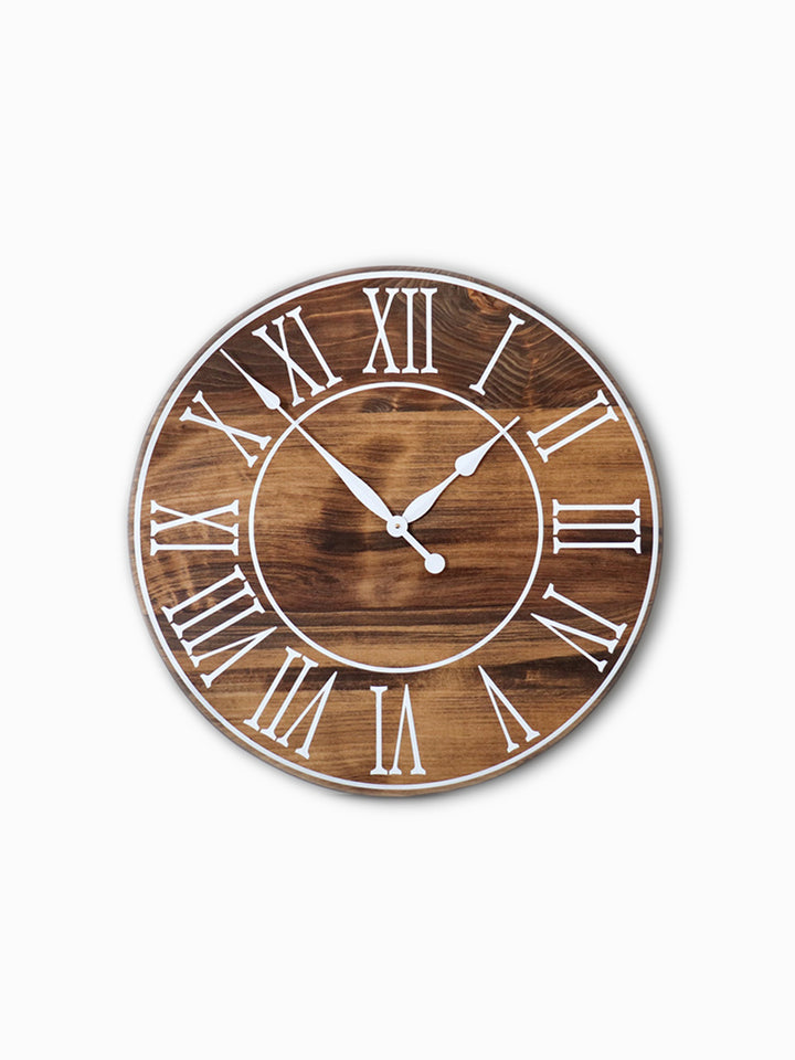 Light Stained Large Farmhouse Wall Clock with White Roman Numerals & Lines Earthly Comfort Clocks 1534