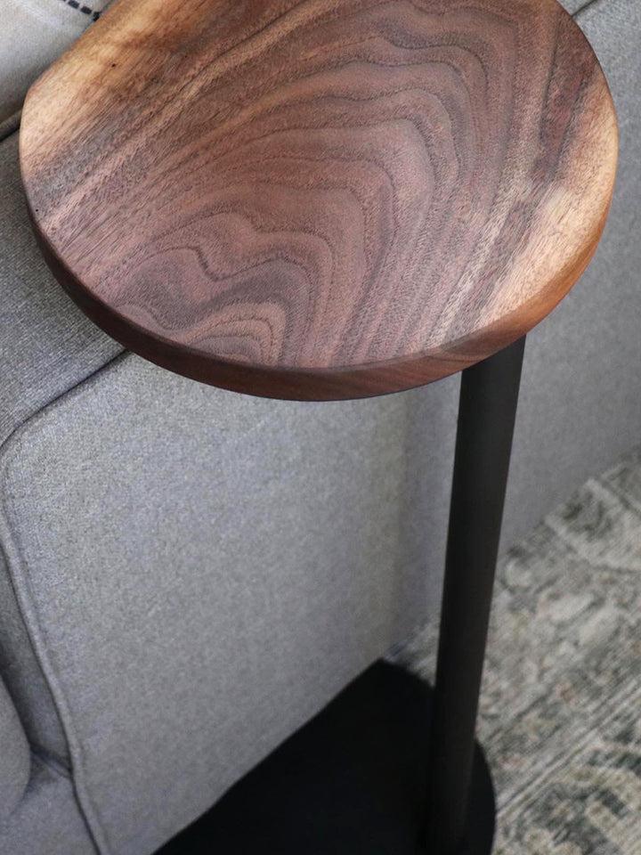 Small Live-Edge Walnut, Round Industrial Side Table
