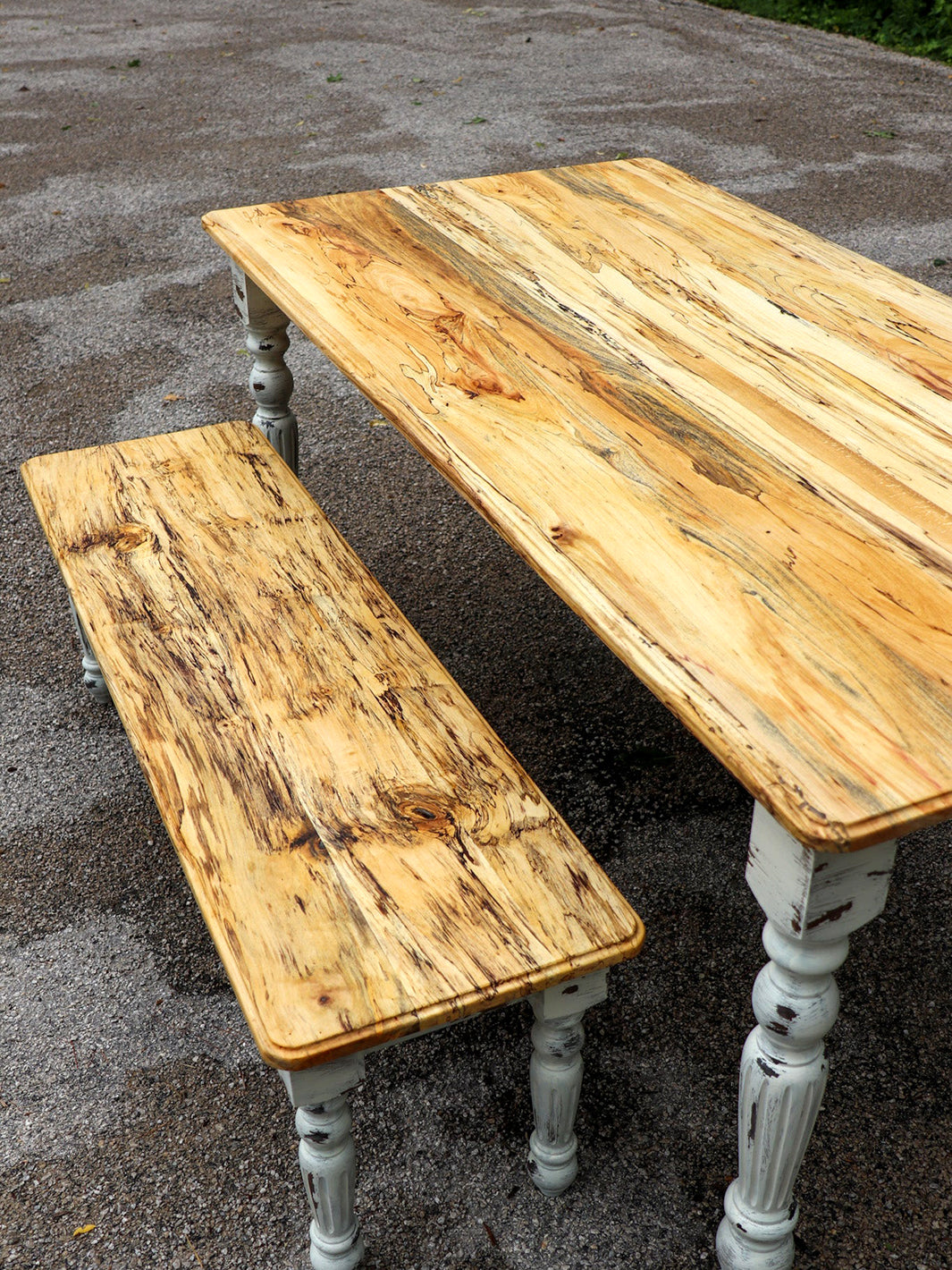 Spalted Maple Farmhouse Bench with White-Distressed Paint Earthly Comfort Dining Tables 1801-2
