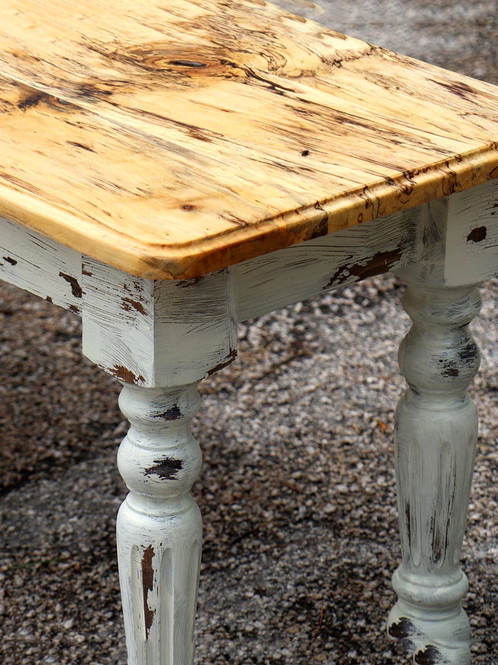 Spalted Maple Farmhouse Bench with White-Distressed Paint Earthly Comfort Dining Tables 1801-3