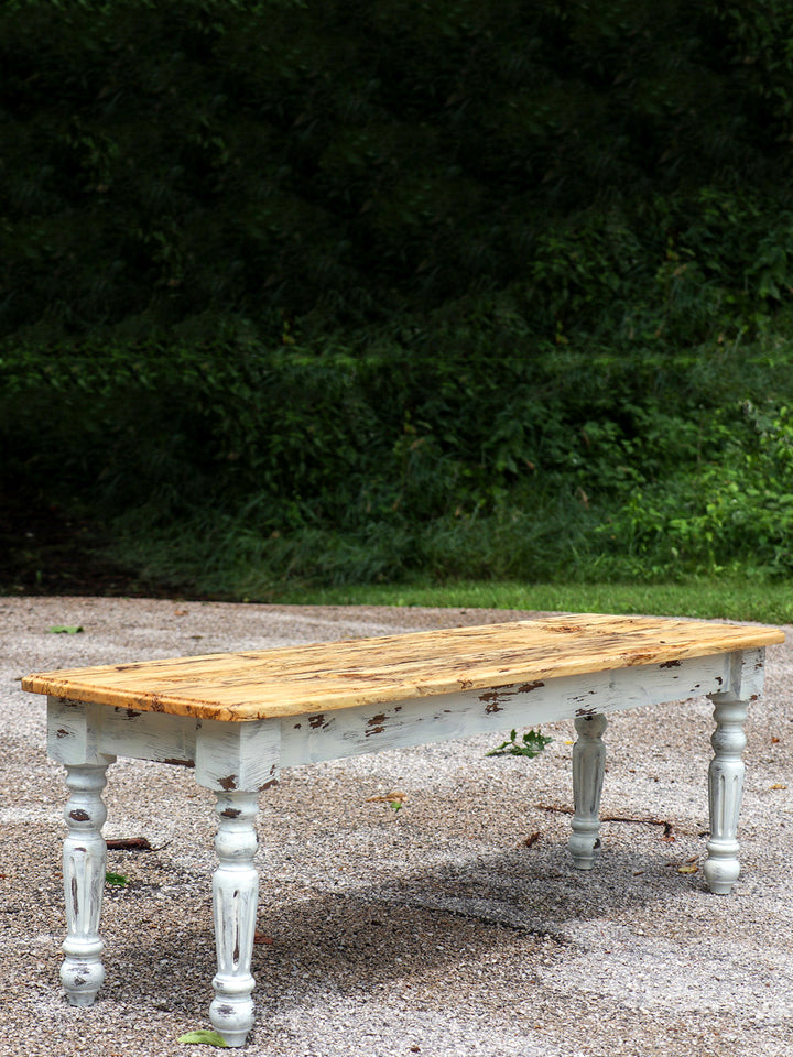 Spalted Maple Farmhouse Bench with White-Distressed Paint Earthly Comfort Dining Tables 1801-5