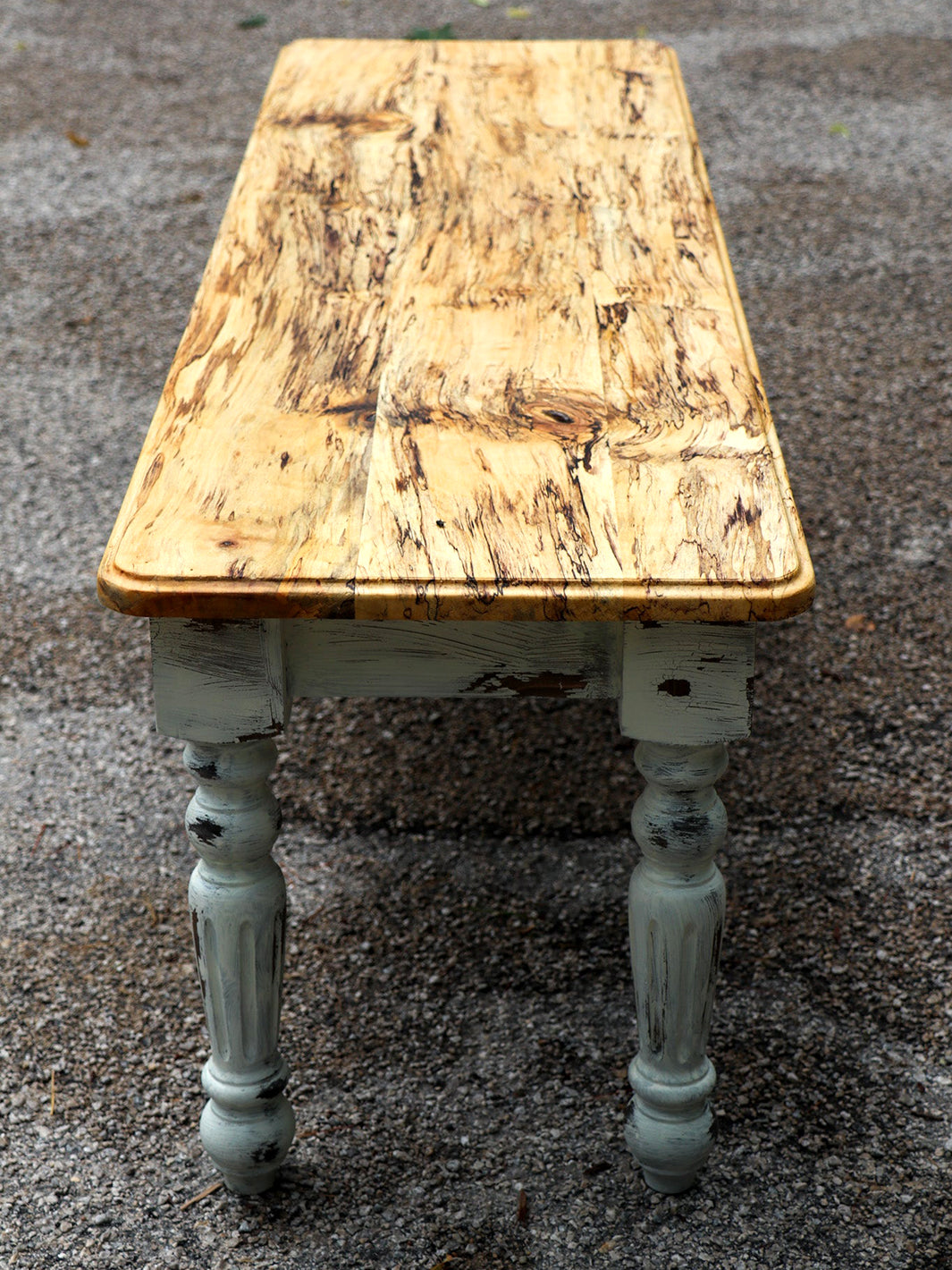 Spalted Maple Farmhouse Bench with White-Distressed Paint Earthly Comfort Dining Tables 1801-6