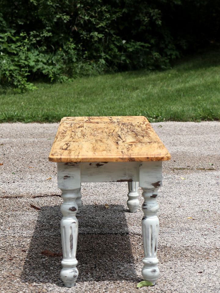 Spalted Maple Farmhouse Bench with White-Distressed Paint Earthly Comfort Dining Tables 1801-7