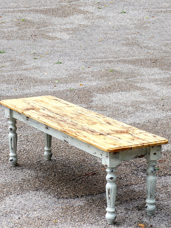 Spalted Maple Farmhouse Bench with White-Distressed Paint Earthly Comfort Dining Tables 1801-8