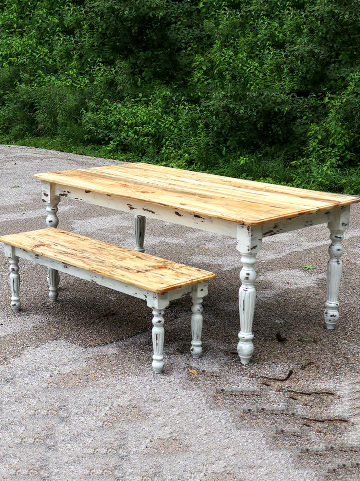 Spalted Maple Farmhouse Bench with White-Distressed Paint Earthly Comfort Dining Tables 1801-9