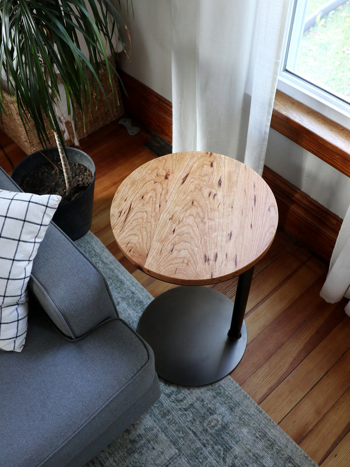 Large Cherry Wood Round Industrial Side Table