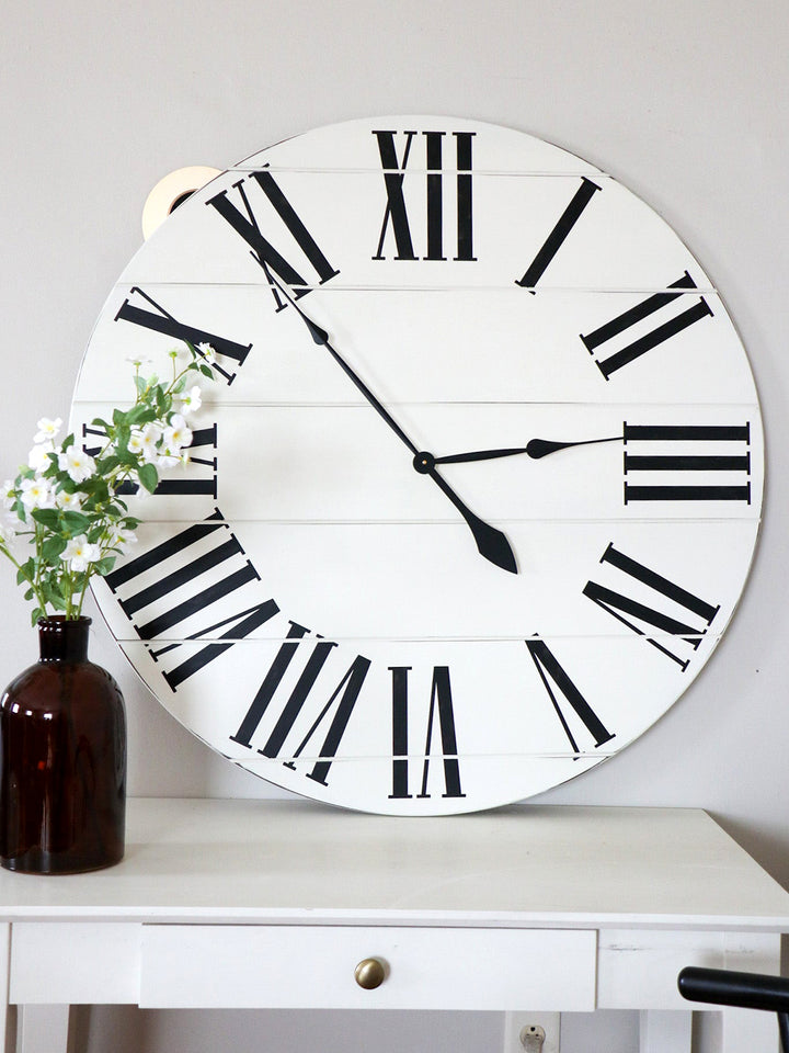 Simple 36" Farmhouse Style Large White Distressed Wall Clock with Black Roman Numerals (in stock)