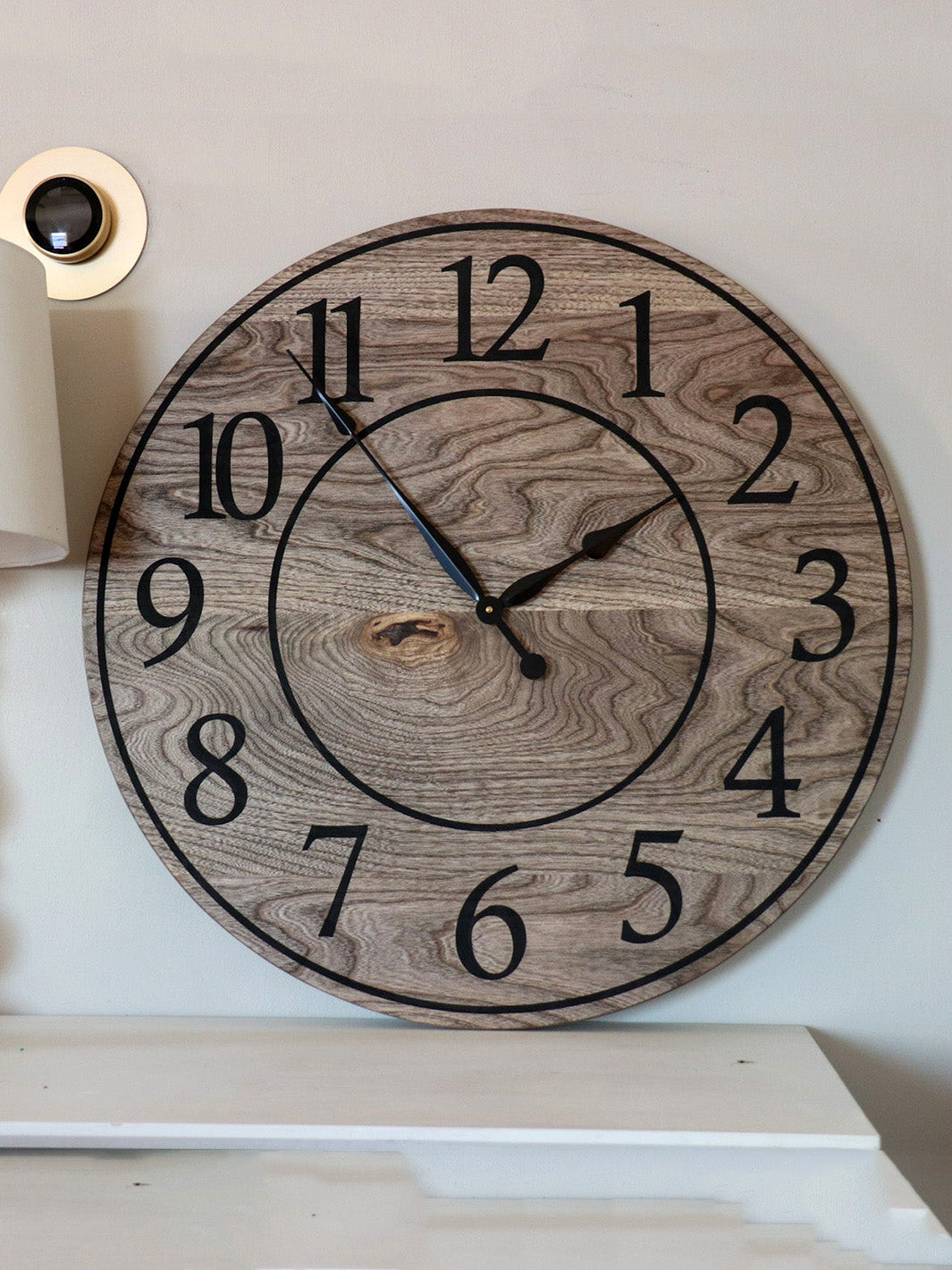 Large Brown Stained Hackberry Wall Clock with Black Numbers Earthly Comfort Clocks 1979-2