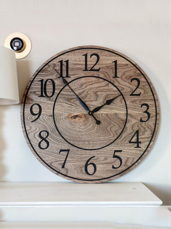 Large Brown Stained Hackberry Wall Clock with Black Numbers Earthly Comfort Clocks 1979-4