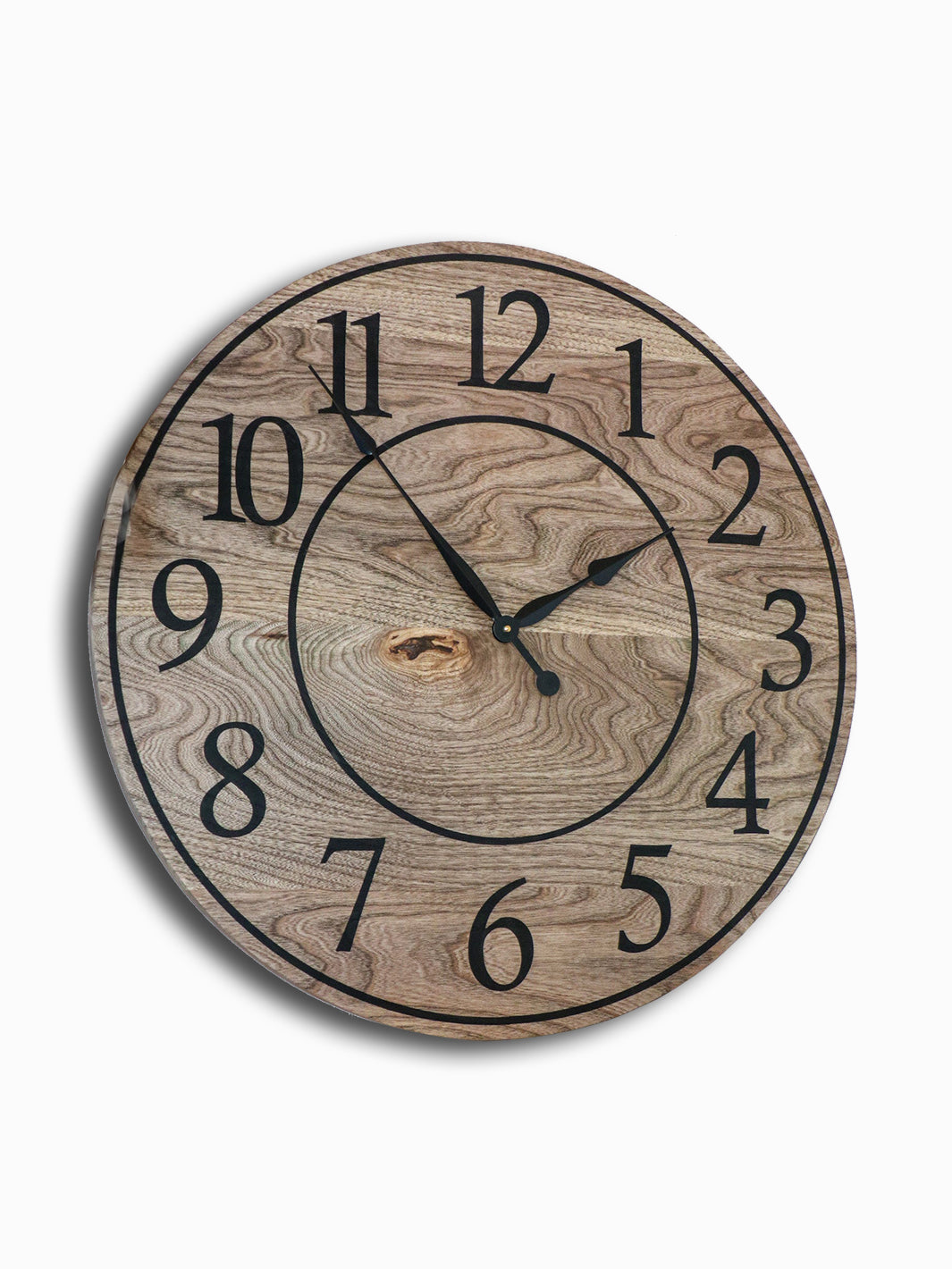 Large Brown Stained Hackberry Wall Clock with Black Numbers Earthly Comfort Clocks 1979