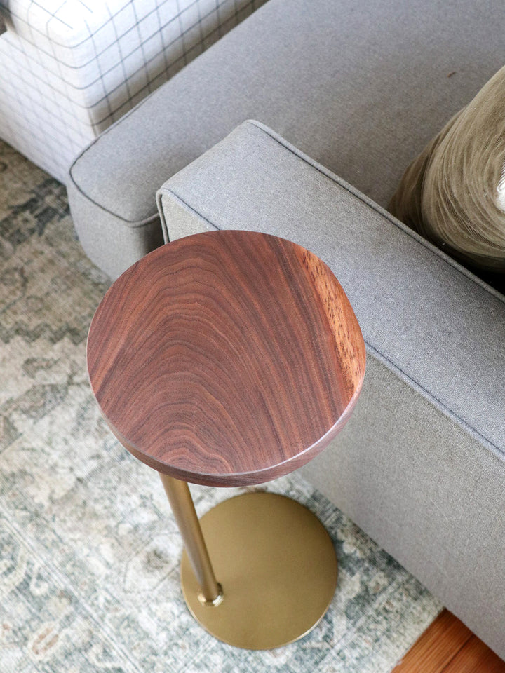 Small Live-Edge Walnut, Gold Round Industrial Side Table