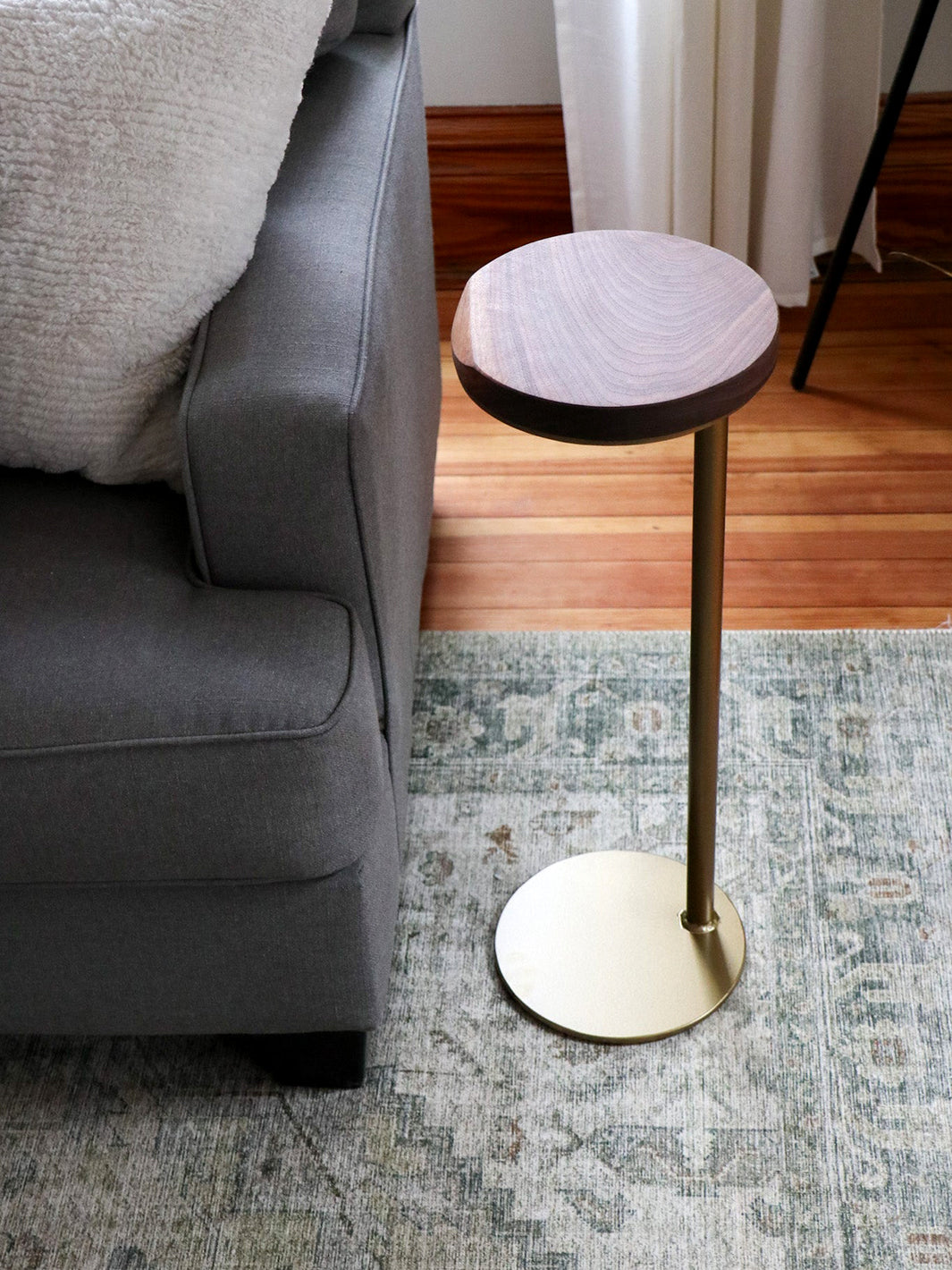 Small Live-Edge Walnut, Gold Round Industrial Side Table Earthly Comfort Side Tables 2011-2