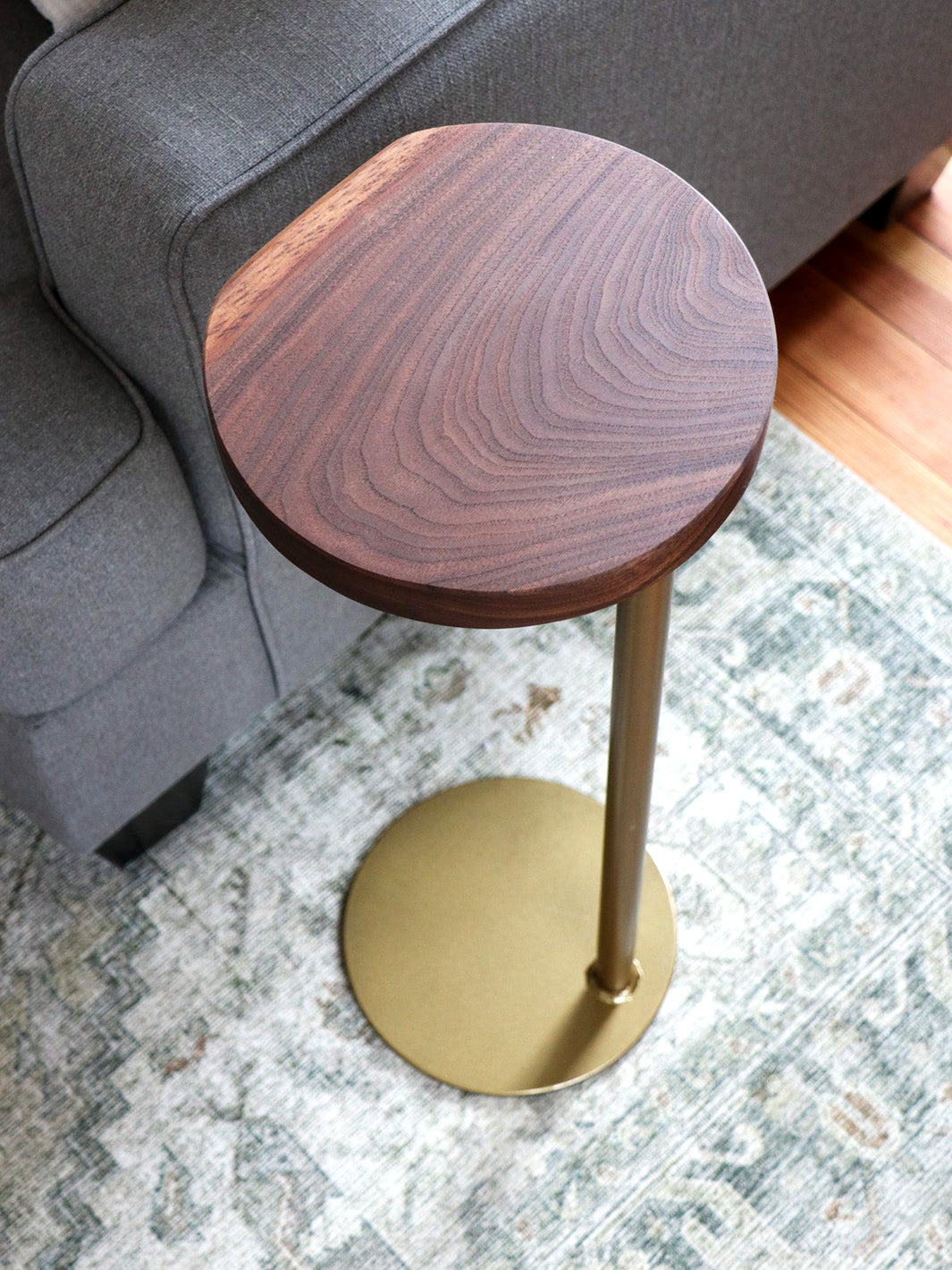 Small Live-Edge Walnut, Gold Round Industrial Side Table Earthly Comfort Side Tables 2011-5