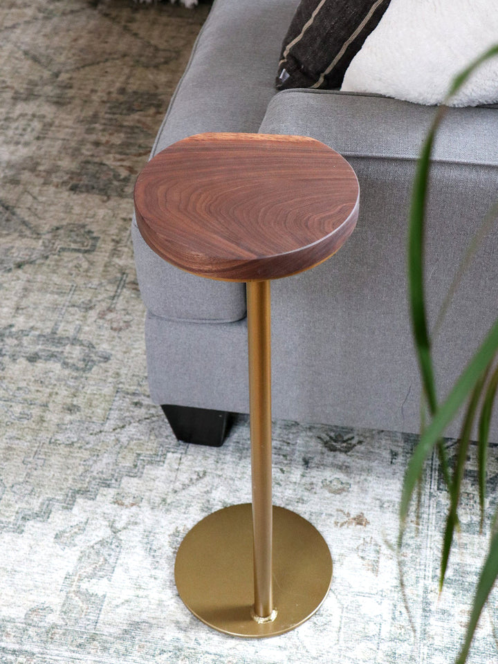 Small Live-Edge Walnut, Gold Round Industrial Side Table Earthly Comfort Side Tables 2011-8