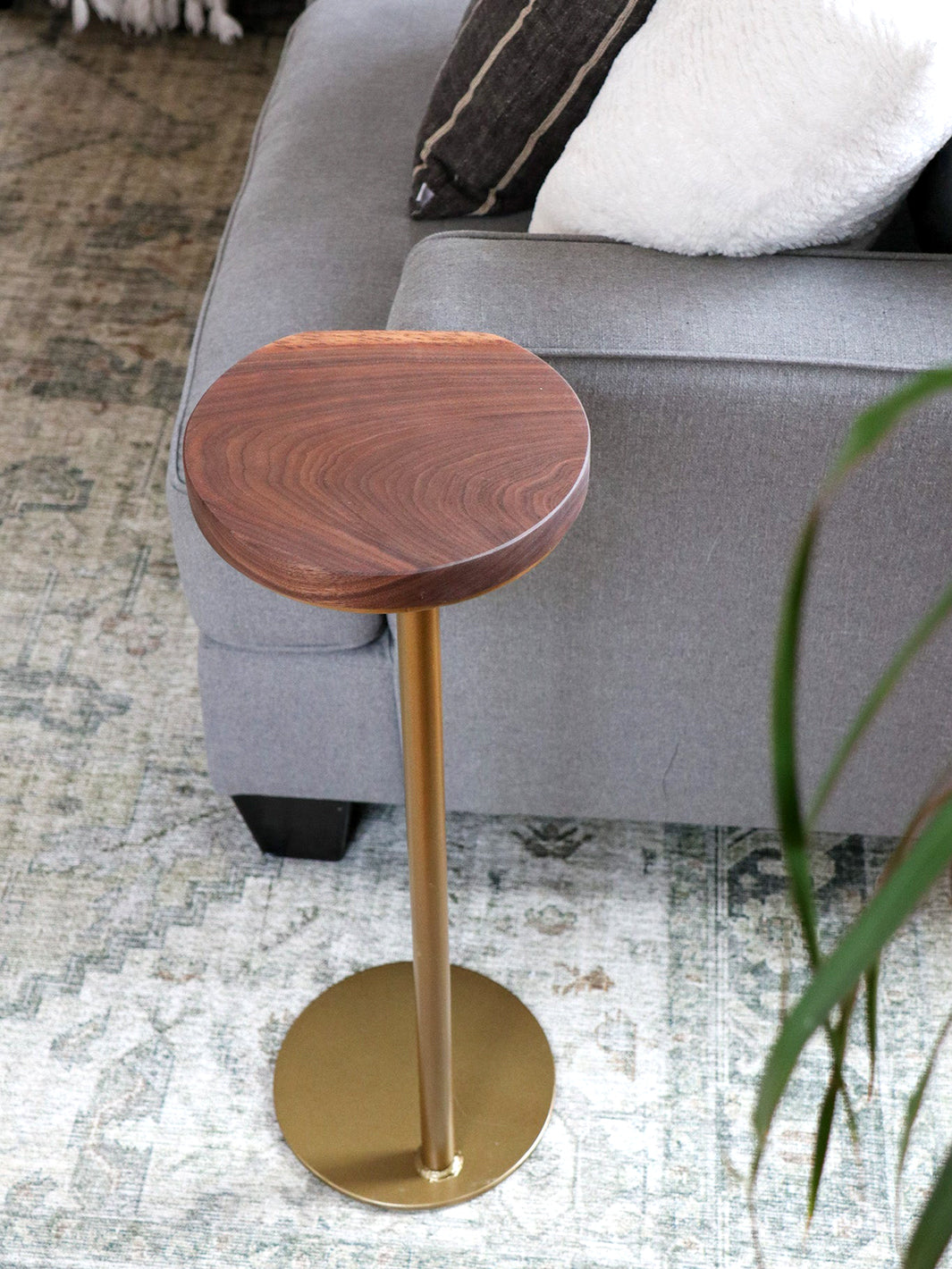 Small Live-Edge Walnut, Gold Round Industrial Side Table Earthly Comfort Side Tables 2011-9