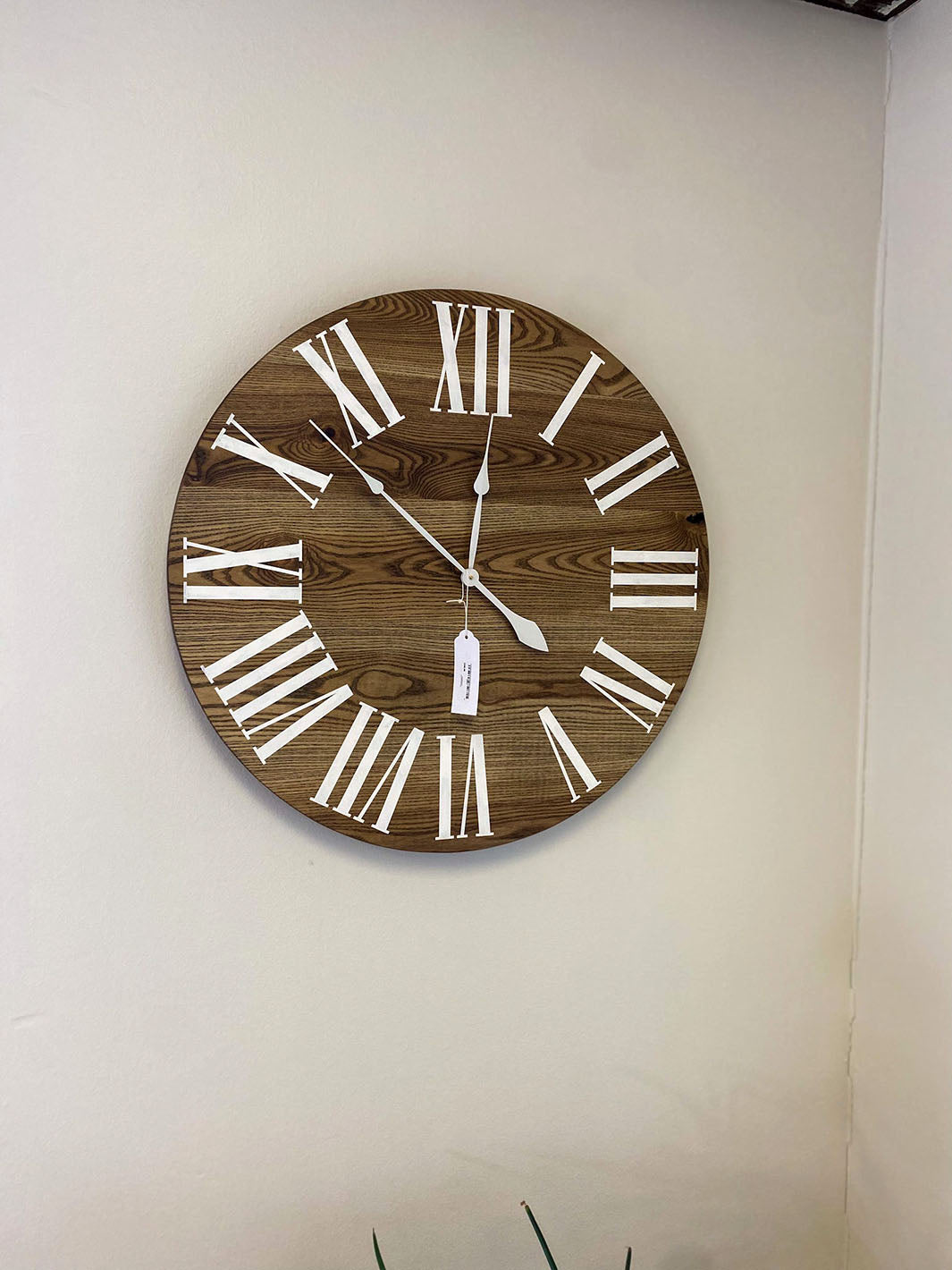 Dark Stained Solid Ash Wood Wall Clock with White Roman Numerals Earthly Comfort Clocks 2051-2