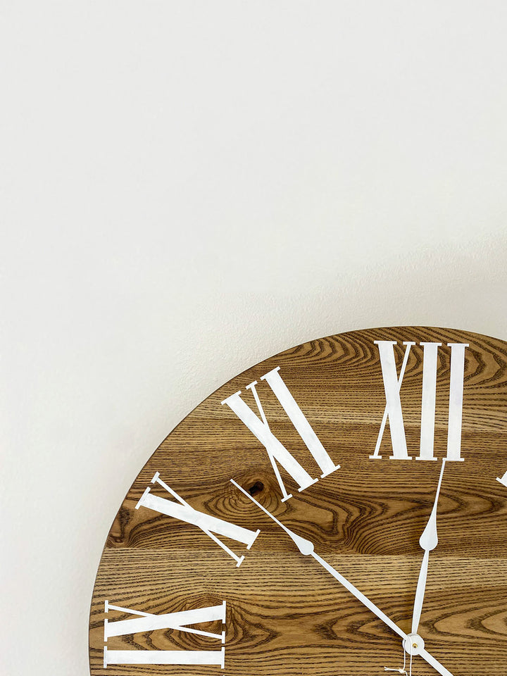 Dark Stained Solid Ash Wood Wall Clock with White Roman Numerals Earthly Comfort Clocks 2051-3