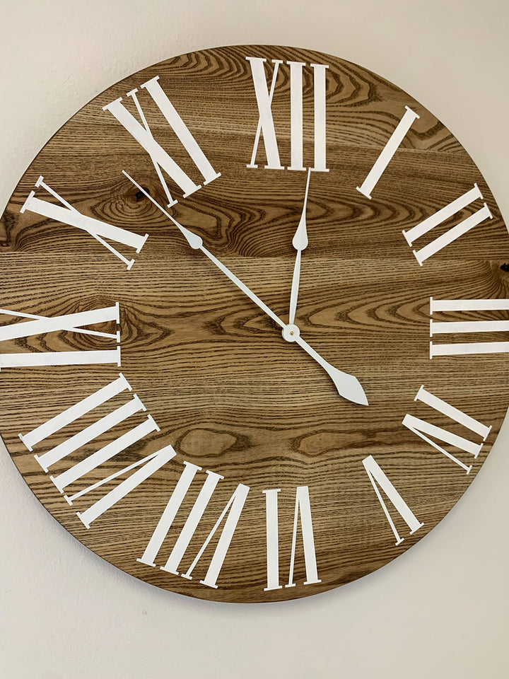 Dark Stained Solid Ash Wood Wall Clock with White Roman Numerals Earthly Comfort Clocks 2051-4