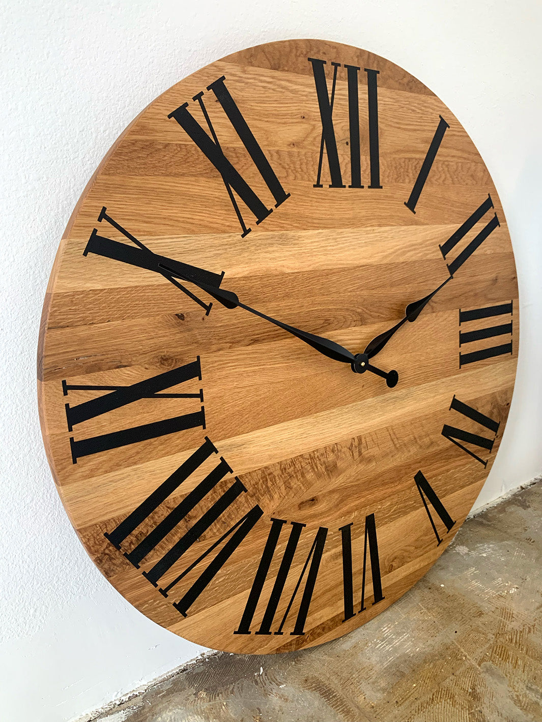 Large White Oak Wall Clock with Black Roman Numerals Earthly Comfort Clocks 2084-2