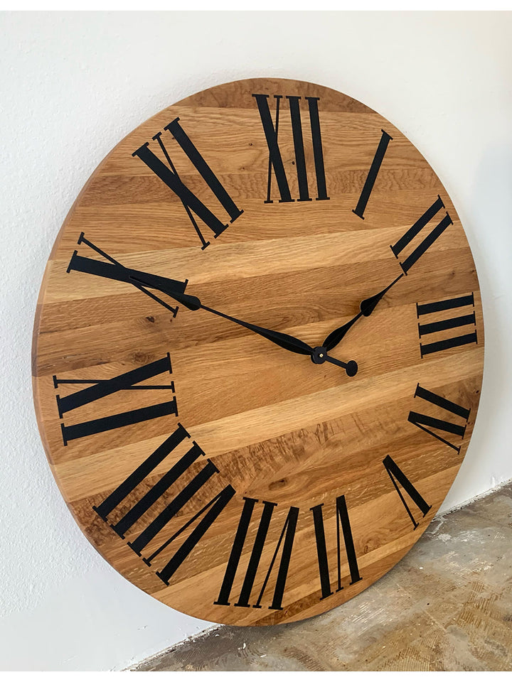 Large White Oak Wall Clock with Black Roman Numerals Earthly Comfort Clocks 2084-6