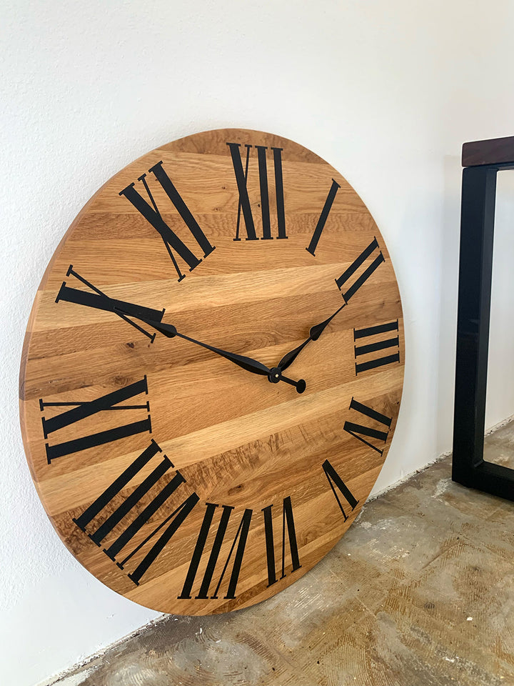 Large White Oak Wall Clock with Black Roman Numerals Earthly Comfort Clocks 2084-7
