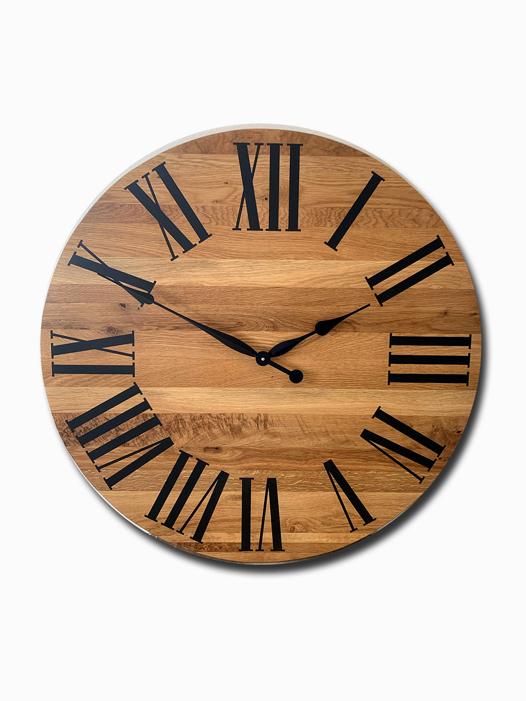 Large White Oak Wall Clock with Black Roman Numerals Earthly Comfort Clocks 2084